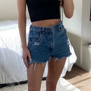 Cutoff blue denim shorts adjustable high waisted